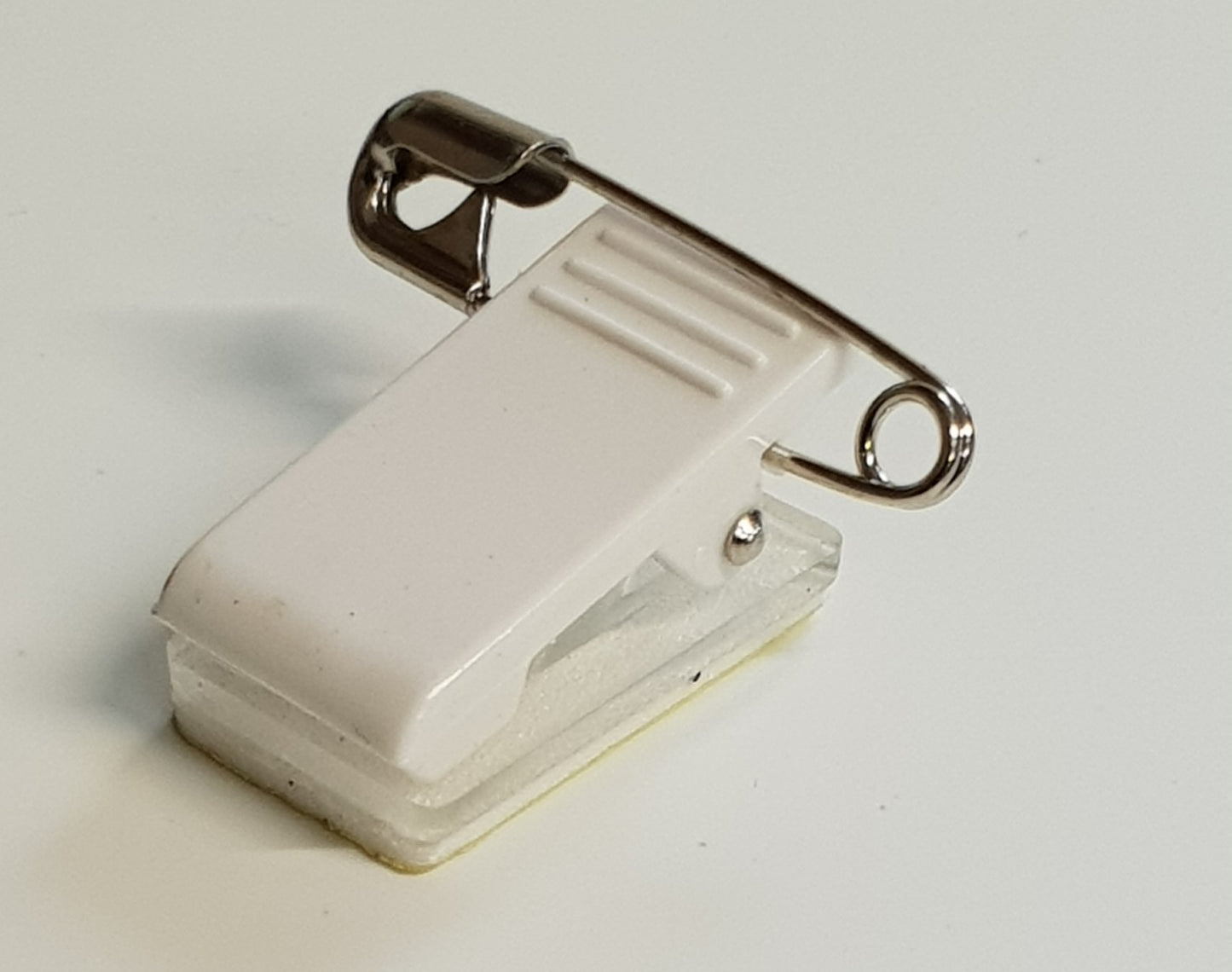 Badge Pins Adhesive Plastic Clip White with Safety Pin and Adhesive 525SE